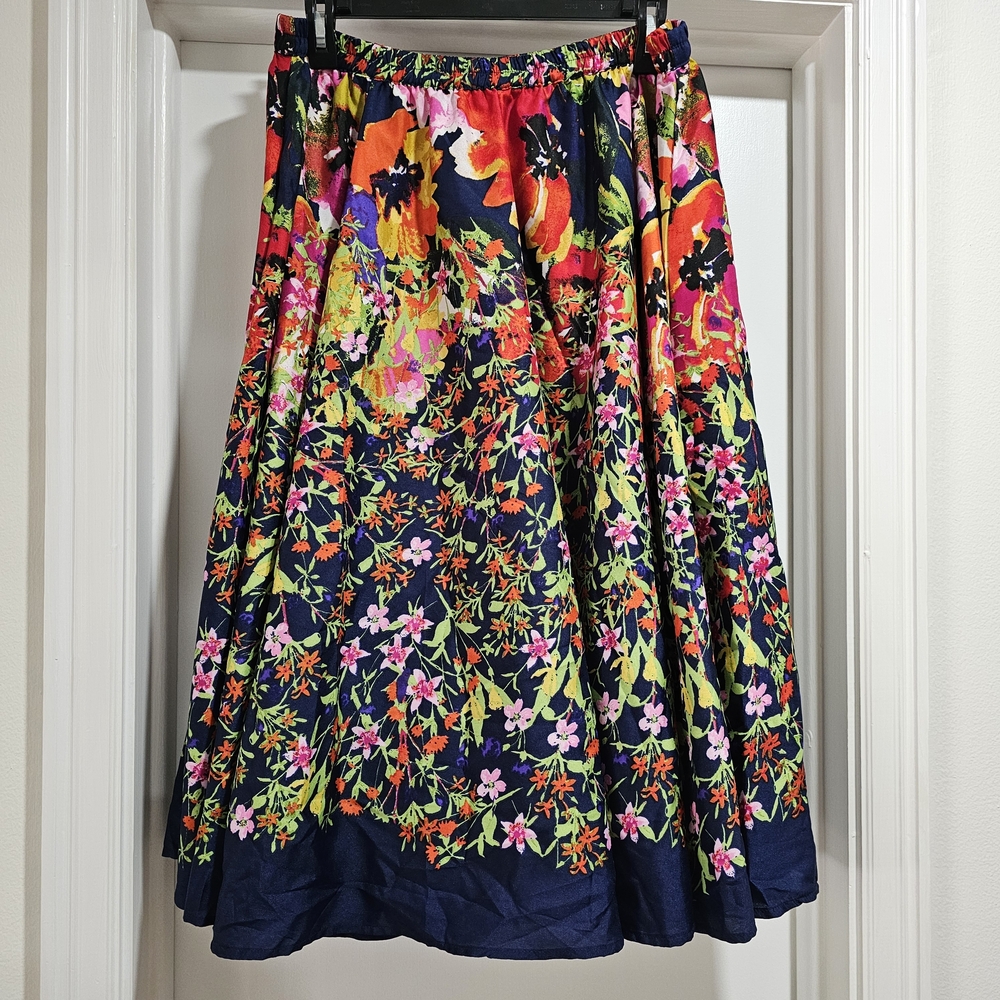 Vibrant Floral A-Line Skirt - Navy and Multicolor